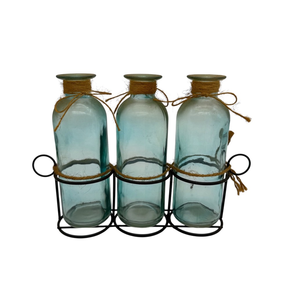 3 Blue Glass Bottles in Metal Stand Rustic Farmhouse Vase‎ Set Home Decor